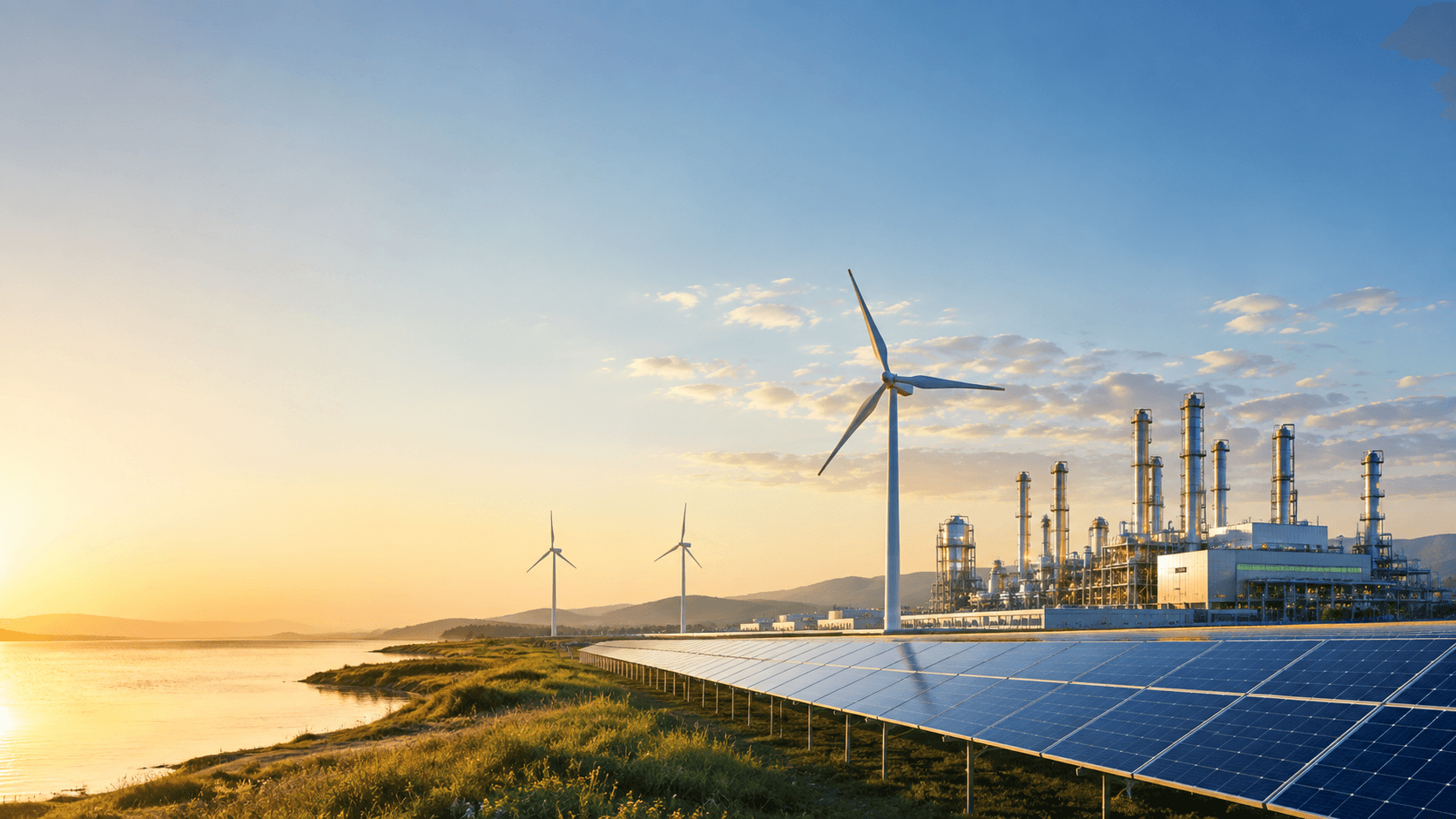Solar panels, wind turbines, and industrial facilities at sunrise.